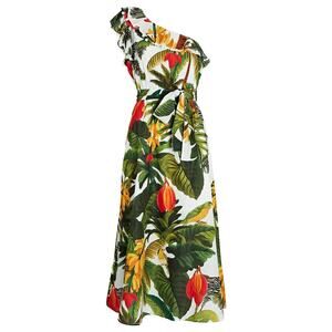 FARM Rio White Cocoa Forest One Shoulder Midi Dress M